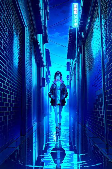 1 girl、Rainy Alley、neon light、cigarette草を吸っている、 wet dark hair、drop、wet clothes、cigarette、night、Urban Scenery、cyberpunk、Reflective Puddles、Blue and Pink Neon Light、dark atmosphere、contrast between light and shadow、lonely expression、medium shot、Water Drop、mi...