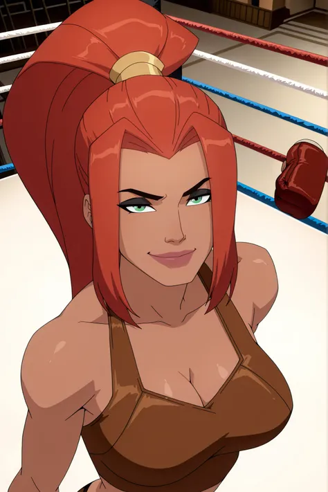 BREAK, score_6_up, score_7_up, score_8_up, score_9, 1girl, solo, long hair, green eyes, red hair, dark skin, dark-skinned female, high ponytail, art3m1s, very large breasts, busty, cleavage, curvy, athletic, looking at viewer, seducing viewer, teasing view...