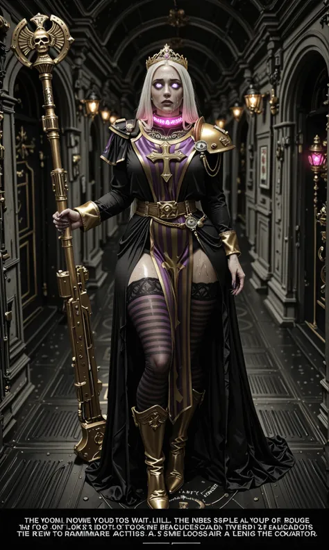 Important (Cassia from game Rogue Trader, 20 year old noble woman, thight high boots, stockings, purple and gold long priest uniform, warhammer 40 000 theme):
Scene (space ship corridor):
Character Face (sad look, sad, sleepless, goth makeup, red glowing e...