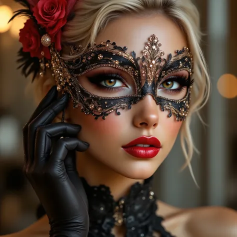  A woman getting ready for a masquerade ball, Put on the mesh eye mask you wear to a masquerade ball, [A mask with beautiful glittering decorations, Put on the mask], [I see women, Hands and ((firm and full breasts:1.4)) are shown], Illustration of a masqu...