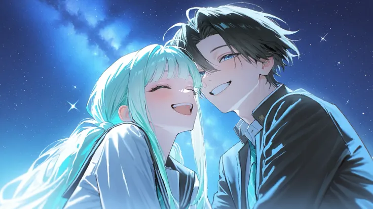 1girl, 1boy, School uniform, Pastel tones, dreamy and emotional atmosphere, illustration style, night, blue light , Moonlight Girl with Light Mint Hair, Moonlight Boy with Black Hair, cute face with bangs, night 배경, moonlight background, milky way backgro...