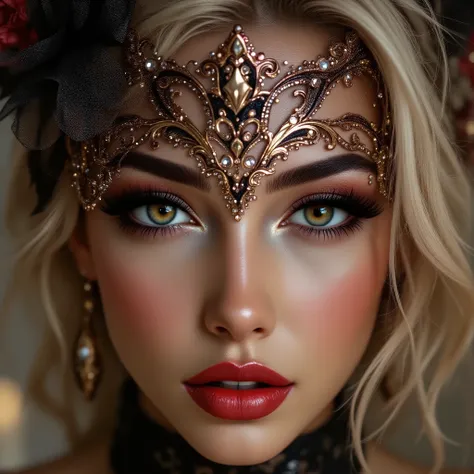  A woman getting ready for a masquerade ball, Put on the mesh eye mask you wear to a masquerade ball, [A mask with beautiful glittering decorations, Put on the mask], [I see women, Hands and ((firm and full breasts:1.4)) are shown], Illustration of a masqu...