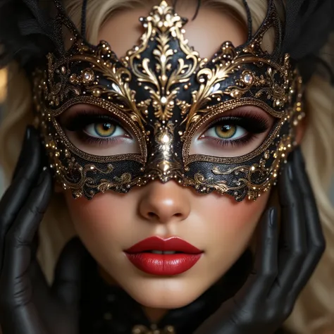  A woman getting ready for a masquerade ball, Put on the mesh eye mask you wear to a masquerade ball, [A mask with beautiful glittering decorations, Put on the mask], [I see women, Hands and ((firm and full breasts:1.4)) are shown], Illustration of a masqu...