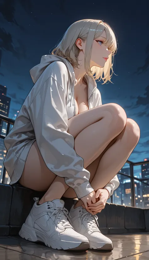 The girl sits pensively against the backdrop of the nightscape at dusk. A side view of her profile as she gazes blankly down at the city lights, a photograph capturing her contemplative state at twilight. The city's reflected glow casts a dim light, stretc...