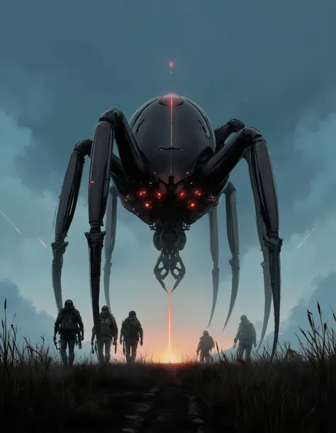 A digital illustration shoot from a front camera angle about a futuristic, sci-fi scene featuring a large, imposing robot with a large spider-like structure and glowing red lights, accompanied by three silhouetted soldiers in a foggy landscape during sunse...