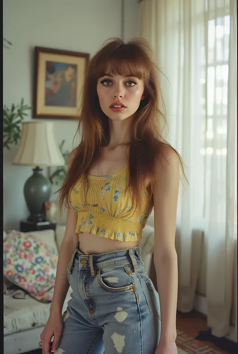 retr0grade90s,photorealistic full-body portrait, young European woman with extremely slender figure, pin-straight glossy brown hair with precise middle part, pale skin accentuating thin frame, disproportionately large facial features with big deep blue eye...