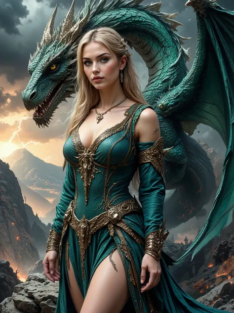 masterpiece, surreal landscape, painting style with watercolor, brush strokes, black eyes, colorful, vibrant colors, ultra hot gorgeous early 20's curvy European woman with sensational hourglass body, she is a tamer of dragons and a powerful witch, a beaut...