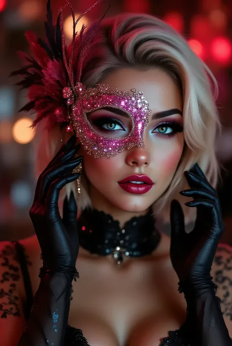  A woman getting ready for a masquerade ball, Put on the mesh eye mask you wear to a masquerade ball, [A mask with beautiful glittering decorations, Put on the mask], [I see women, Hands and ((firm and full breasts:1.4)) are shown], Illustration of a masqu...