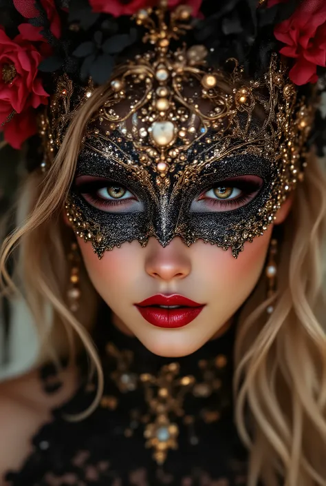  A woman getting ready for a masquerade ball, Put on the mesh eye mask you wear to a masquerade ball, [A mask with beautiful glittering decorations, Put on the mask], [I see women, Hands and ((firm and full breasts:1.4)) are shown], Illustration of a masqu...