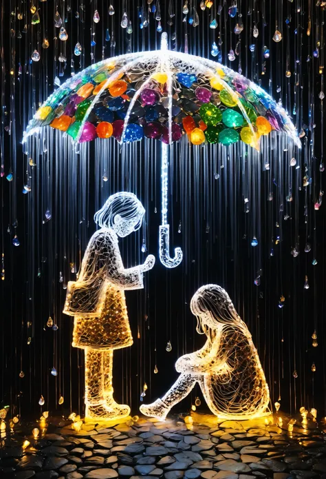 Crystal lighting effect Lights made of small colored stones combined with human-shaped beam layer wire saw , The kind and gentle scene where the man accidentally gave an umbrella to the sad girl sitting in the rain,It is cleverly shaped with thin rays of l...