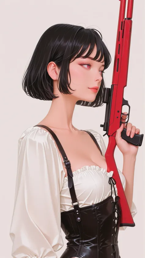 realistic appearance, masterpieces, pretty face, short hair,white blouse, black leather strap bustier, Red sniper gun, nice pose with a gun, Black short hair ,beautiful face,