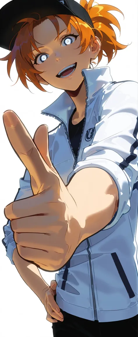 Beautiful, athletic body, toned body, alone, female, long orange hair in ponytail, black cap, blue  black eye, white sport jacket With the sleeves rolled up , zipped jacket, black pants , intricate sketch, expressive eyes, nose and mouth, look at viewer, P...