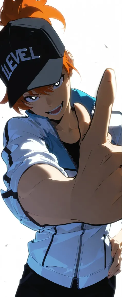 Beautiful, athletic body, toned body, alone, female, long orange hair in ponytail, black cap, blue  black eye, white sport jacket With the sleeves rolled up , zipped jacket, black pants , intricate sketch, expressive eyes, nose and mouth, look at viewer, P...