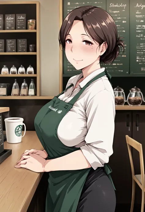(masterpiece, best quality, amazing quality, absurdres, very aesthetic), nsfw, (arakure style, mature female), (1girl, solo), brown hair, brown eyes, mole under eye, white shirt, black skirt, green apron, smile, both hands on the table, (side view, looking...