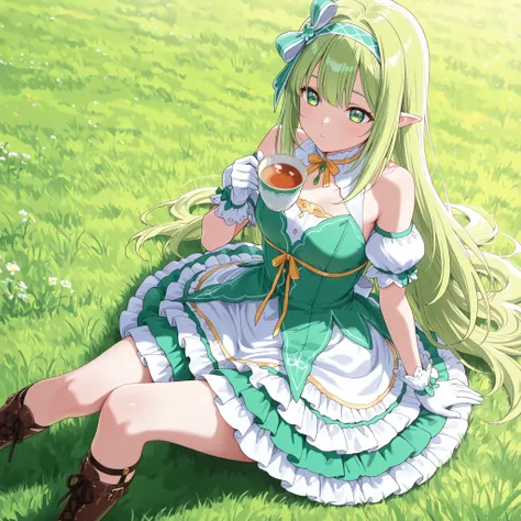  best quality, amazing quality,masterpiece,absurdres,ultra detailed,High Quality, High Resolution ,High Definition,orphia-default,green eyes,green hair,long hair,hair bow,hairband, pointy ears, green dress, puffy short sleeves,bare shoulders,frilled skirt,...