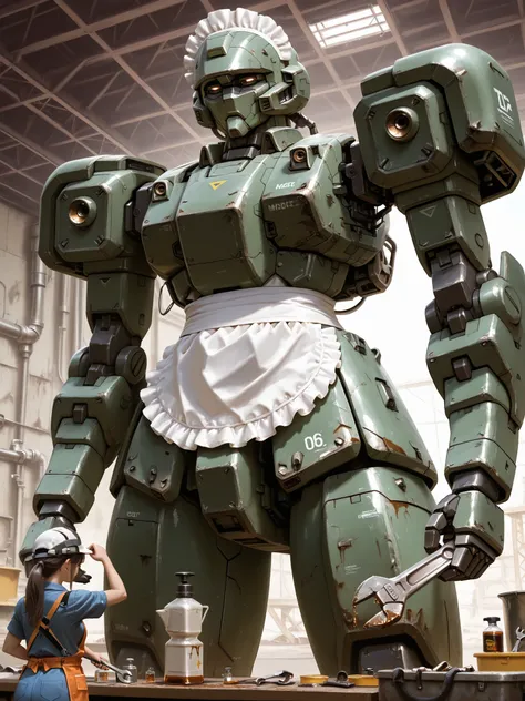 Highest Quality,masterpiece,maids,Mechanic,maids服,Wrench,oil,Giant Mecha,Maintaining,Soft Touch, Delicate Body Curves, Realistic Human Body,Realistic Mecha,