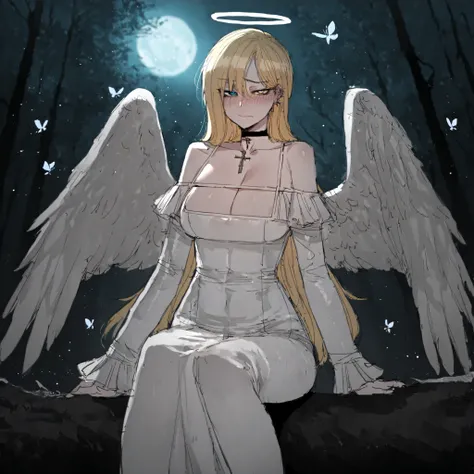 r4t4_krank, Meisterwerk, absurd,best quality, incredibly absurd ,1 girl, Allein, Halo, Wings, kreuzen, Engel, Breasts, Halsband, Kleid, Engel Wings,  cleavage, sitzen, feathered Wings, blondes Haar, nackte Schultern, Blush, black Halsband, Pony, geschlosse...