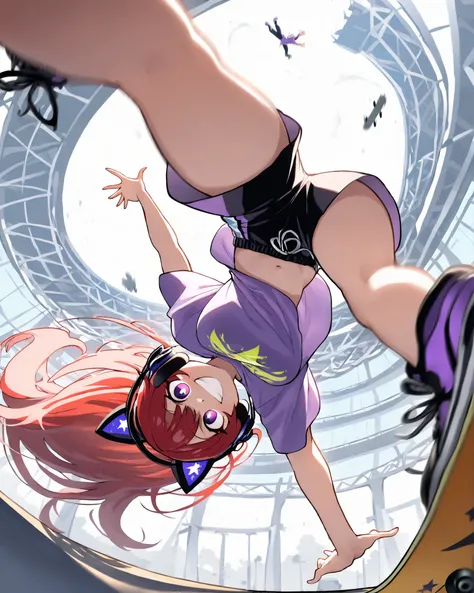 front angle, (masterpiece, 4k, ultra detailed, vivid colors, dynamic pose, professional camera angles), {1woman}:(a beautiful and attractive woman, long red hair, expressive purple eyes, wearing a cat ears headset, a t-shirt with a cute illustration, very ...