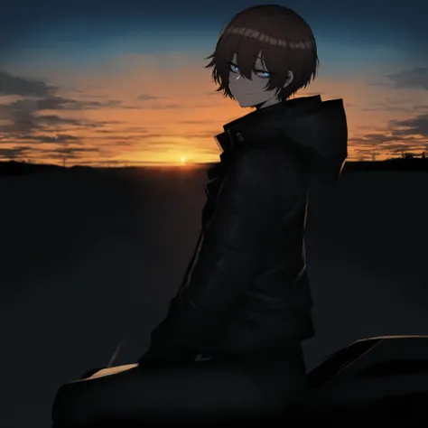 Meisterwerk, absurd, incredibly absurd,best quality,r4t4_krank,Allein, outside, 1 girl, kurze Haare, looking at the observer, Jacke, Himmel, blaue Augen, Haube, Sonnenuntergang, smile, Bodenfahrzeug, braunes Haar, geschlossener Mund, hair between eyes, VON...