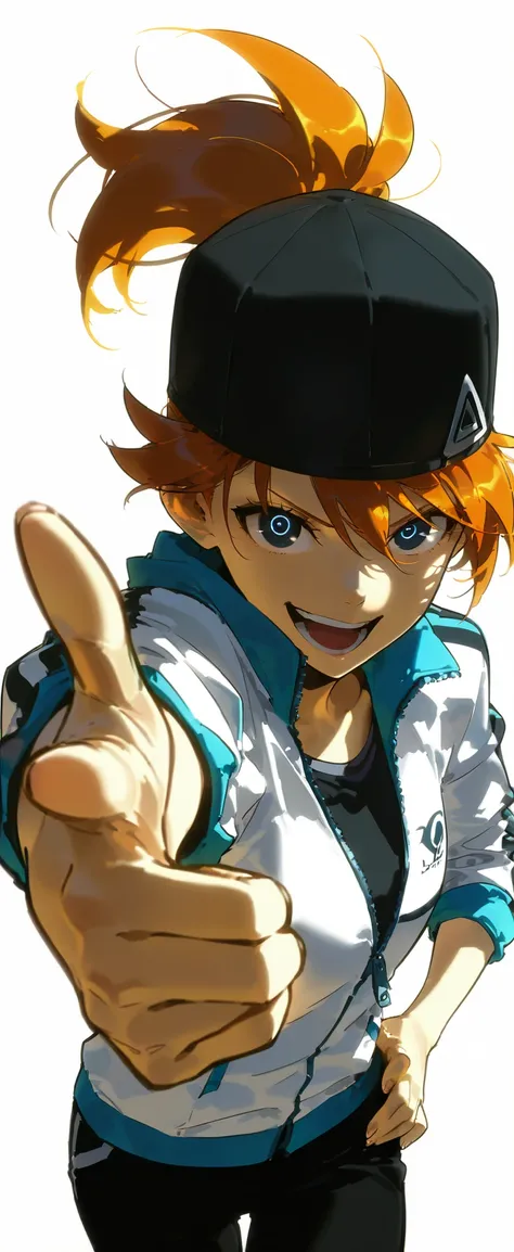 Beautiful, athletic body, toned body, alone, female, long orange hair in ponytail, black cap, blue  black eye, white sport jacket With the sleeves rolled up , zipped jacket, black pants , intricate sketch, expressive eyes, nose and mouth, look at viewer, P...