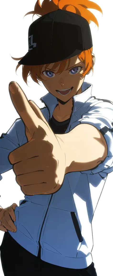 Magnifique, corps athlétique, corps tonique, seul, femelle, longs cheveux oranges en queue de cheval, black cap, œil bleu noir, veste de sport blanche Avec les manches retroussées , veste zippée, pantalon noir , esquisse complexe, yeux expressifs, nez et b...