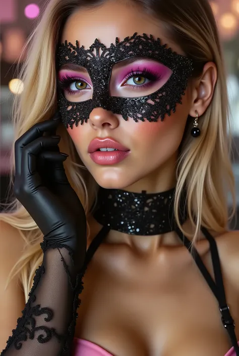  A woman getting ready for a masquerade ball, Put on the mesh eye mask you wear to a masquerade ball, [A mask with beautiful glittering decorations, Put on the mask], [I see women, Hands and ((firm and full breasts:1.4)) are shown], Illustration of a masqu...