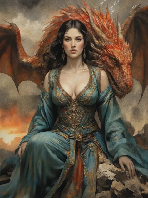 masterpiece, surreal landscape, painting style with watercolor, brush strokes, black eyes, colorful, vibrant colors, ultra hot gorgeous early 20's curvy European woman with sensational hourglass body, she is a tamer of dragons and a powerful witch, a beaut...