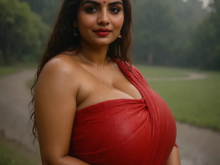 Busty indian curvy slim women in transparent white saree red blouse ,sitting in rain and breast feeding a baby side profile