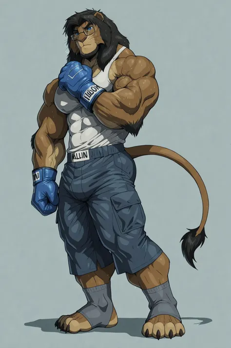 Full body, anthro (lion), male, feline, adult, solo, athletic build, heavybuilder, tall, muscles, broad chest, big paws, paws, correct anatomy, tail, grey fur, (short) black mane, (high quality ultradetailed:1 blue eyes), noetic face, masculine:, (adult), ...