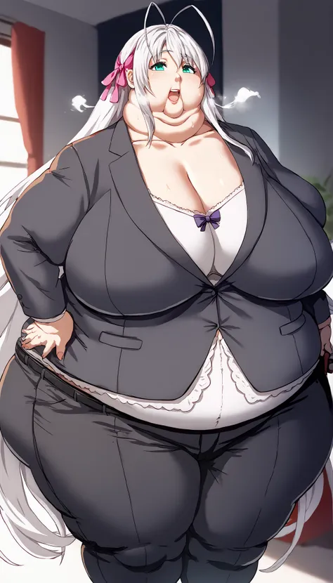 score_9, score_8_up, score_7_up, score_6_up, source_anime, 1girl, solo dxdRos, white hair, antenna hair, very long hair, cyan eyes, hair ribbon, black suit, formal, collarbone, black pants, (huge breasts:0.8),, pretty beautiful mature old cute curvy slut ...