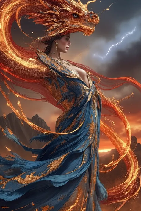 masterpiece, surreal landscape, painting style with watercolor, brush strokes, black eyes, colorful, vibrant colors, ultra stunningly beautiful early 20's curvy European woman with sensational hourglass body,she is a tamer of dragons and a powerful witch, ...