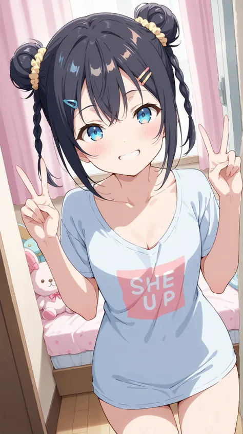 masterpiece , best quality , highly detailed , ultra high res , Score_9, Score_8_up, Score_7_up, perfect anatomy, detailed fingers, detailed eyes,
cowboy shot, dutch angle, focus on face,
1 girl, flat chest, small breasts, cleavage, double bun, dark hai...