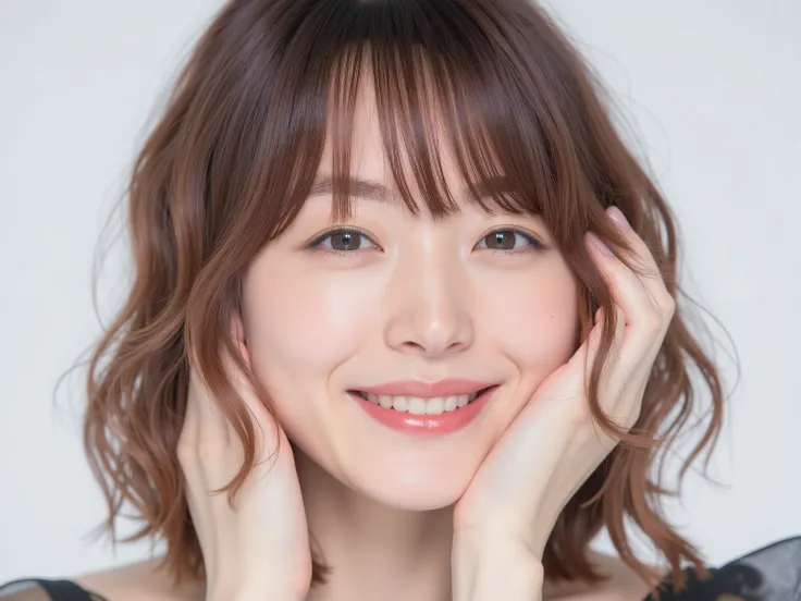 (Refined from an old photo, recreated in a modern, ultra high-quality photorealistic style, with a trendy Reiwa-era hairstyle: soft semi-long hair with natural waves and airy see-through bangs), 
Ultra photorealistic close-up portrait of a beautiful Japane...