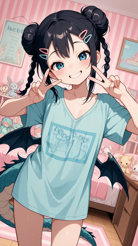 masterpiece , best quality , highly detailed , ultra high res , Score_9, Score_8_up, Score_7_up, perfect anatomy, detailed fingers, detailed eyes, cowboy shot, dutch angle, focus on face, 1 girl, flat chest, big breasts, cleavage, double bun, dark hair, bl...