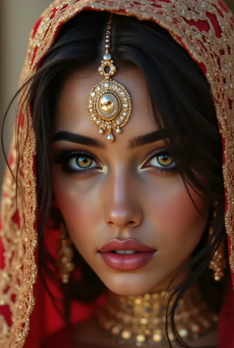 Portrait of an Arab princess, fairy tale image, Fantastic backgrounds, magical atmosphere, she has a veil-mask and falling fringes (gold-chaining) cover the lower part of the face:1.33, Ultra-realistic (photorealistic Realism), (ultra realistic texture de...