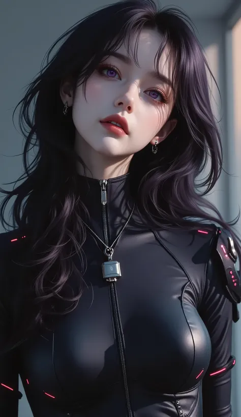 she's the captain of an elite special forces unit against cyberterrorism,AI woman wearing a tight matte black cyberpunk suit made of ultra-high performance material, with red glowing details, medium bust, natural chest, thin waist,  Natural Color , long fl...