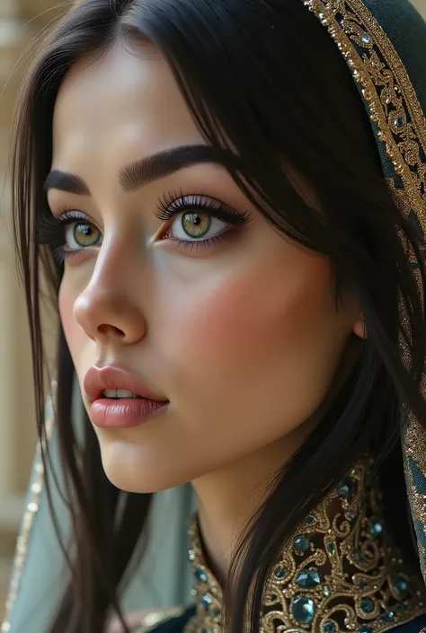  Portrait of an Arab princess, fairy tale image, Fantastic backgrounds, magical atmosphere, she has a veil-mask and falling fringes (gold-chaining) cover the lower part of the face:1.33, Ultra-realistic (photorealistic Realism), (ultra realistic texture de...