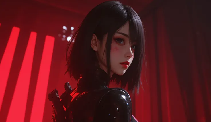 looking away, anime, 1girl , difficult 、 Asian Beauty , Perfect Style, perfect body, small head , frown, realistic skin, anatomically correct, sweat, She's wearing a shiny black rider suit , ( she has her back in close contact with the wall:1.2), She's ...