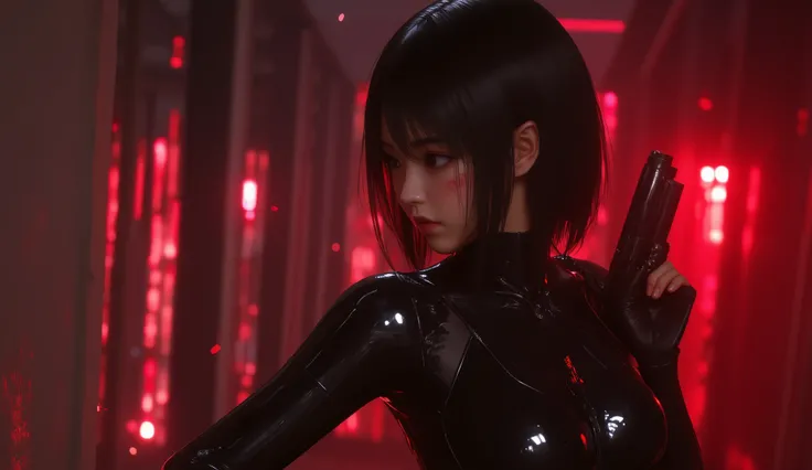 looking away, anime, 1girl , difficult 、 Asian Beauty , Perfect Style, perfect body, small head , frown, realistic skin, anatomically correct, sweat, She's wearing a shiny black rider suit , ( she has her back in close contact with the wall:1.2), She's ...