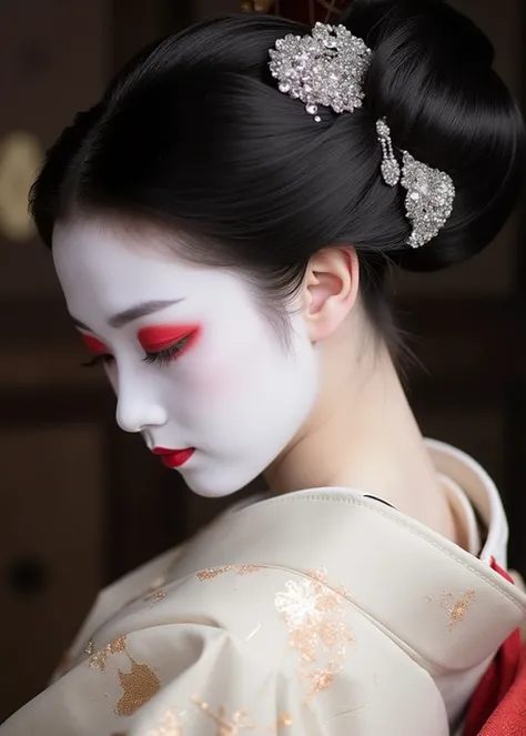 uses white powder captured from a slightly higher position using traditional methods、beautiful girl、complemented by an elegant belt, Oblique perspective. She brings out elaborate, A multicolored kimono with a delicate floral pattern, and. her crackling hai...