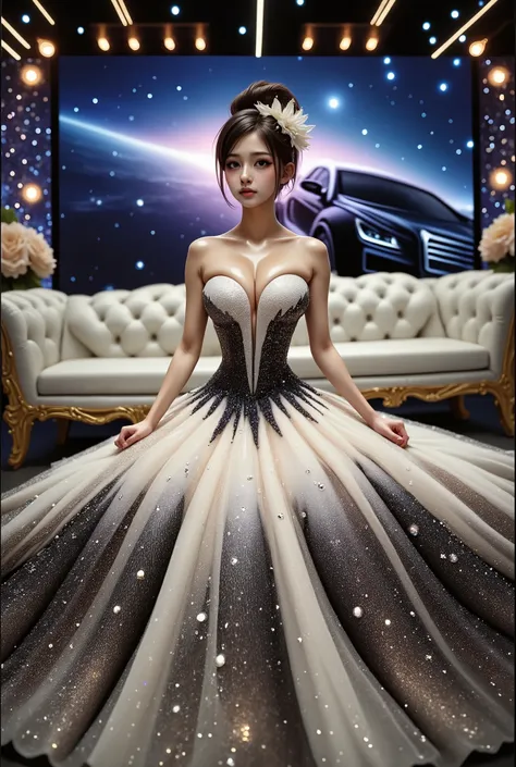 A beautiful Asian idol girl with white skin, douyin-style makeup face, eyelashes, With fake giant breasts, blue eyes, shiny body, wet body, cleavage, wearing a tight strapless dress that presses the breasts, with a sexy and slim body, a small waist, flame ...