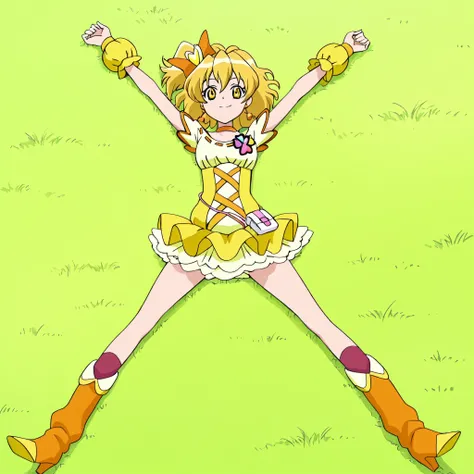 Cure Pine,yellow_hair, short_hair,wavy hair, short side tail, hair_ornament, gold eyes, small_breasts, yellow precure costumes, anime screencap, high quality, solo, lying, on back, arms up, spread legs, closed mouth, on grass, full body, looking at viewer,...