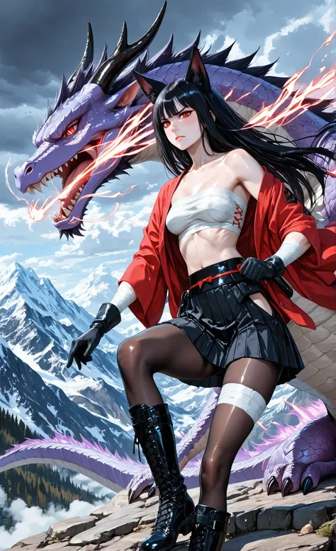 ultra-detailed, finely detailed, fantasy anime illustration, 1girl,
(powerful large purple dragon curled protectively around a girl:1.3),
(detailed dragon scales:1.4), (the dragon is clearly visible:1.3),
(stubborn young woman with determined expression:...