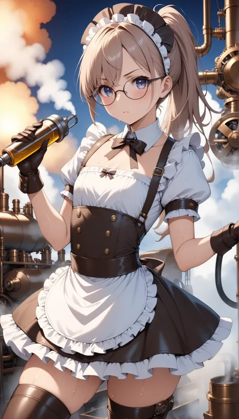 masterpiece，ultimate detail，A Cute Man's Daughter，famboy，Steampunk，maid clothes，glasses，ponytail from the front，dusk，dim space，flat chest，Slightly Sweaty Fine Skin，thigh high boots with SM whips，Leather Gloves，Clothes are stained with oil，複雑なSteam機関に囲まれる，i...
