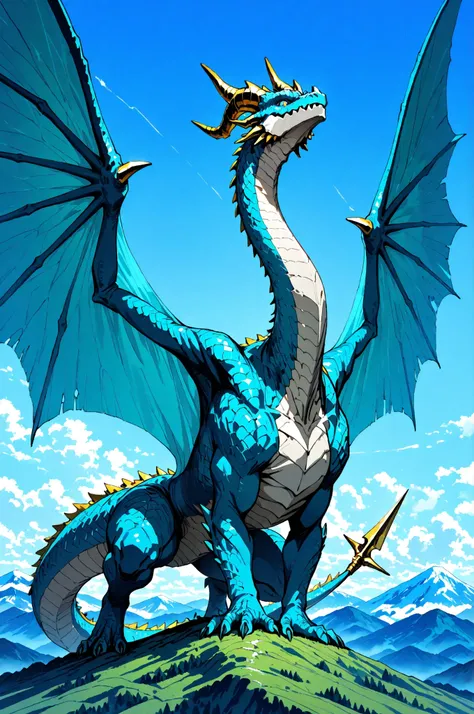 masterpiece, best quality, amazing quality, very aesthetic, high resolution, newest, hyper-detailed, (close up),solo, 1 Dragon, detailed dragon, Blue scales, long neck, golden horns, large wings, a harpoon on his tail, stand on with imponent pose, a mounta...
