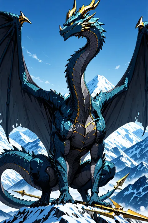 masterpiece, best quality, amazing quality, very aesthetic, high resolution, newest, hyper-detailed, (close up),solo, 1 Dragon, detailed dragon,dark Blue scales, long neck, golden horns, large wings, a harpoon on his tail, stand on with imponent pose, a mo...