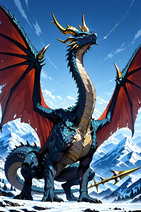 masterpiece, best quality, amazing quality, very aesthetic, high resolution, newest, hyper-detailed, (close up),solo, 1 Dragon, detailed dragon,dark Blue scales, long neck, golden horns, large wings, a harpoon on his tail, stand on with imponent pose, a mo...