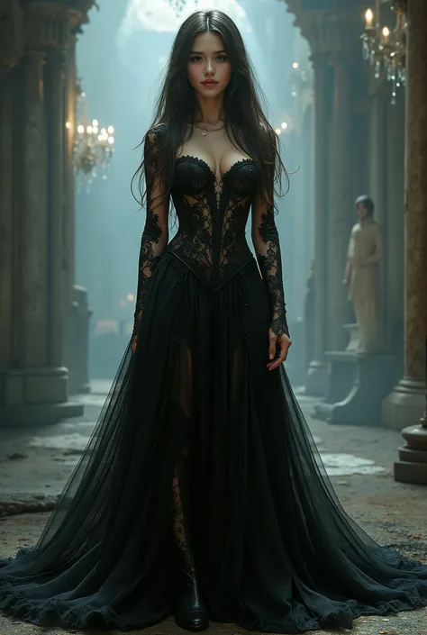 Create a high resolution 8K digital image. sexy princess with black lace dress with 6 inch heels boots