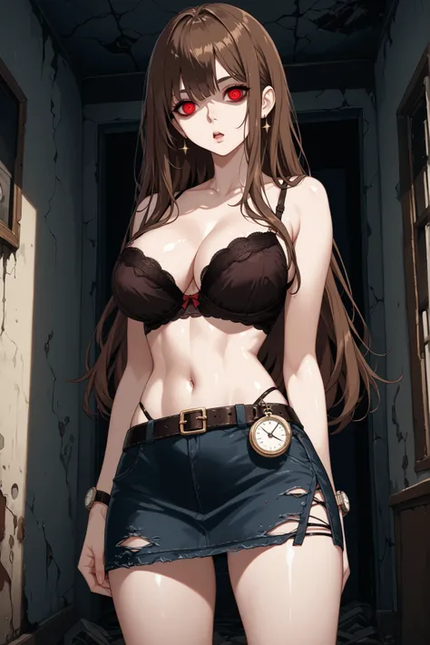 one woman A dark abandoned room at midnight dirty woman Hair deep dark brown hair long wave hair expressionless Open your mouth a little red eyes Hollow Eyes Big Breasts A bra that is tattered and dirty dirty miniskirt standing around in shabby Watch viewe...