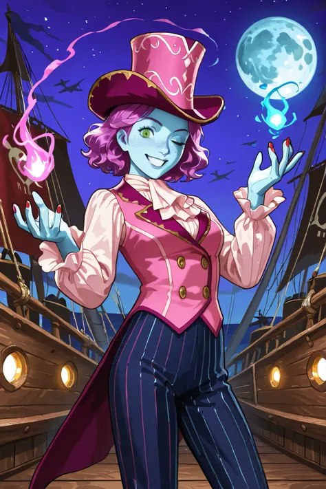 triton, solo, female, blue skin, lavender colored hair, freckles, (wearing a large pink silk top hat), green eyes, (wearing a pink vest), [[a ruffled colonial white shirt underneath the pink vest]], red colonial era cravat,  top hat fit snuggly, ((wearing ...